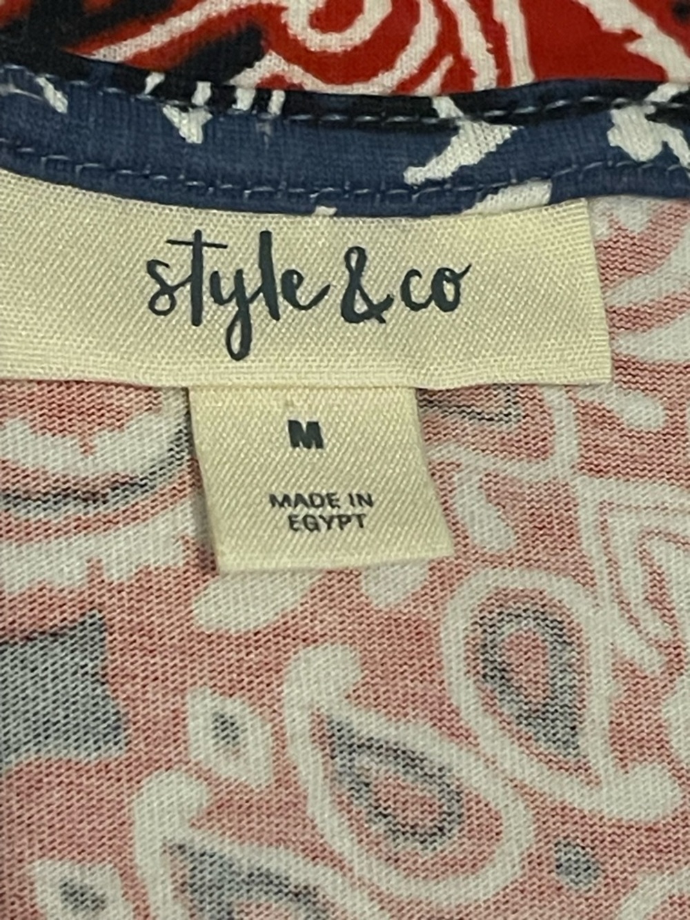 Style & Co Patchwork Bandana Print Tee Red White Blue V-Neck M Boho Western Top - Picture 3 of 7